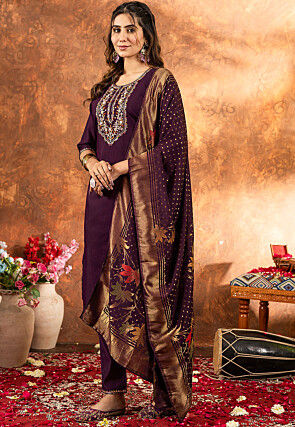 Embroidered Art Silk Pakistani Suit in Wine
