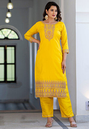 Embroidered Art Silk Pakistani Suit in Yellow