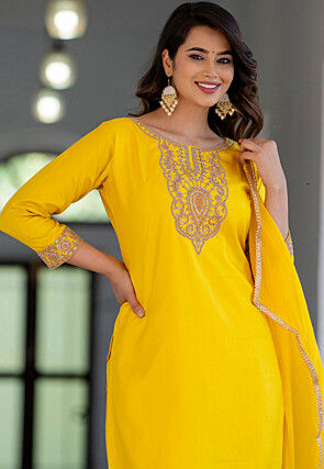Embroidered Art Silk Pakistani Suit in Yellow