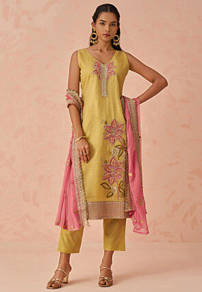 Embroidered Art Silk Pakistani Suit in Yellow