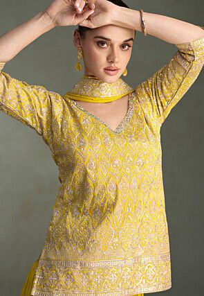 Embroidered Art Silk Pakistani Suit in Yellow
