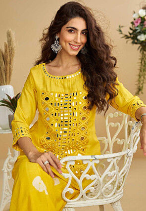 Embroidered Art Silk Pakistani Suit in Yellow