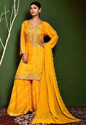 Embroidered Art Silk Pakistani Suit in Yellow