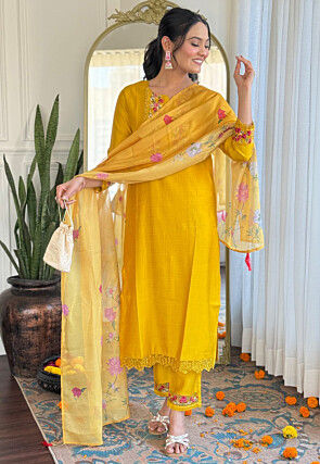 Embroidered Art Silk Pakistani Suit in Yellow