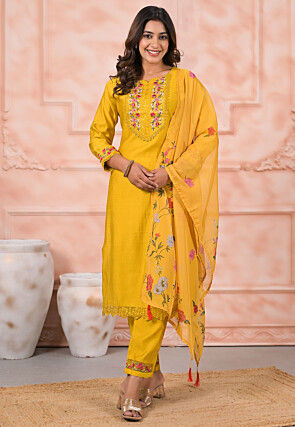 Embroidered Art Silk Pakistani Suit in Yellow