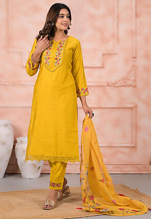 Embroidered Art Silk Pakistani Suit in Yellow