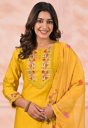 Embroidered Art Silk Pakistani Suit in Yellow