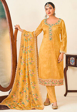 Embroidered Art Silk Pakistani Suit in Yellow
