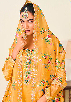 Embroidered Art Silk Pakistani Suit in Yellow