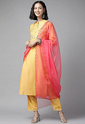 Embroidered Art Silk Pakistani Suit in Yellow