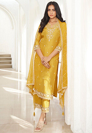 Embroidered Art Silk Pakistani Suit in Yellow