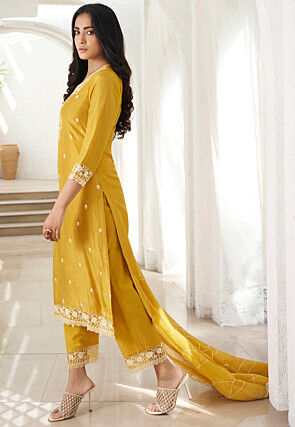 Embroidered Art Silk Pakistani Suit in Yellow