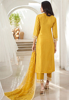 Embroidered Art Silk Pakistani Suit in Yellow