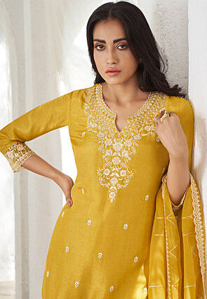Embroidered Art Silk Pakistani Suit in Yellow