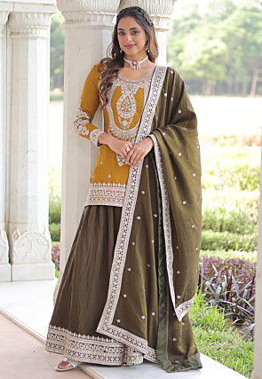 Embroidered Art Silk Pakistani Suit in Yellow