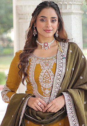 Embroidered Art Silk Pakistani Suit in Yellow