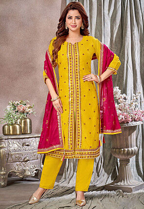 Embroidered Art Silk Pakistani Suit in Yellow