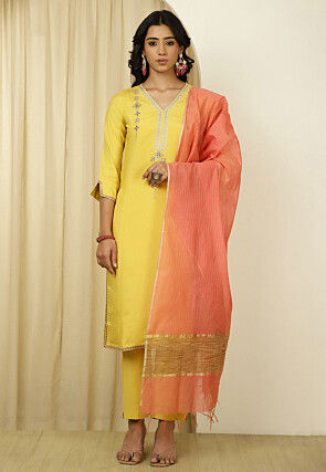 Embroidered Art Silk Pakistani Suit in Yellow
