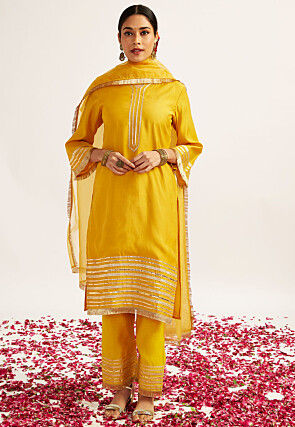 Embroidered Art Silk Pakistani Suit in Yellow