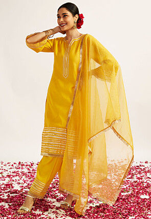 Embroidered Art Silk Pakistani Suit in Yellow