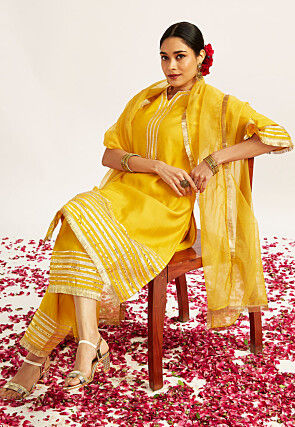 Embroidered Art Silk Pakistani Suit in Yellow