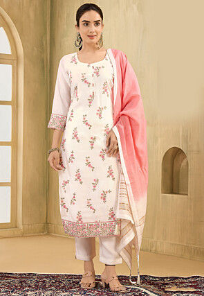 Embroidered Art Silk Pakistani Suit in Off White