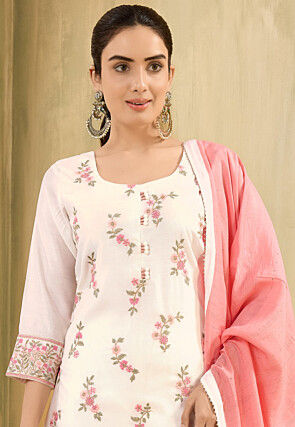 Embroidered Art Silk Pakistani Suit in Off White