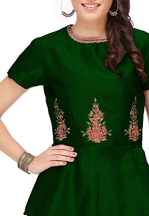 Embroidered Art Silk Peplum Style Top in Dark Green