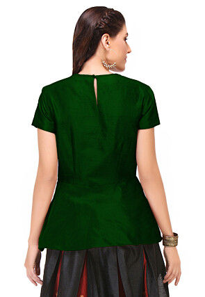 Embroidered Art Silk Peplum Style Top in Dark Green