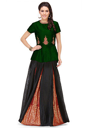 Embroidered Art Silk Peplum Style Top in Dark Green