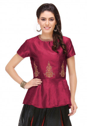 Embroidered Art Silk Peplum Style Top in Magenta