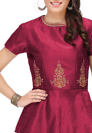 Embroidered Art Silk Peplum Style Top in Magenta