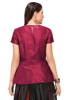 Embroidered Art Silk Peplum Style Top in Magenta