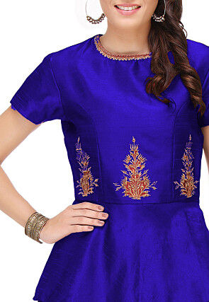 Embroidered Art Silk Peplum Style Top in Royal Blue
