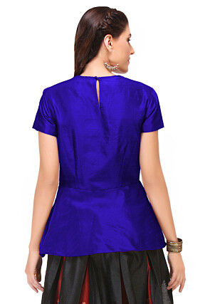 Embroidered Art Silk Peplum Style Top in Royal Blue