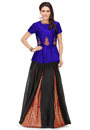 Embroidered Art Silk Peplum Style Top in Royal Blue