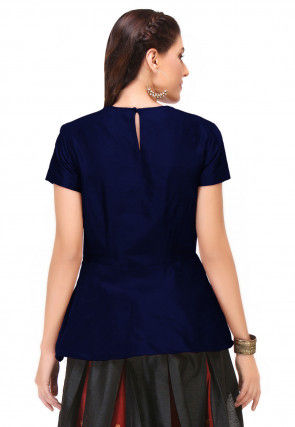 Embroidered Art Silk Peplum Top in Navy Blue