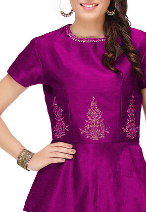Embroidered Art Silk Peplum Top in Purple
