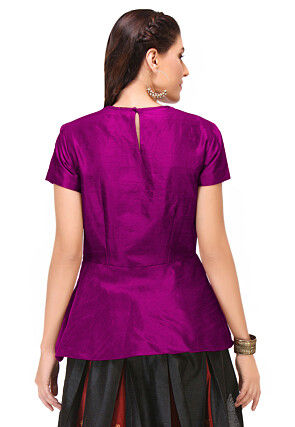 Embroidered Art Silk Peplum Top in Purple