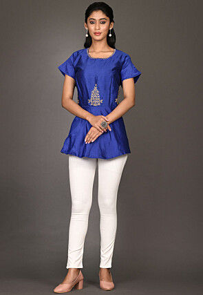 Embroidered Art Silk Peplum Top in Royal Blue