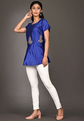 Embroidered Art Silk Peplum Top in Royal Blue