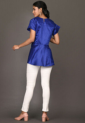 Embroidered Art Silk Peplum Top in Royal Blue