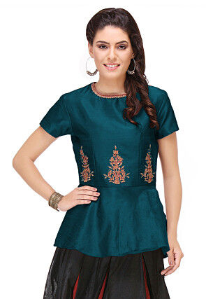 Embroidered Art Silk Peplum Top in Teal Blue