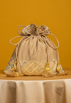 Embroidered Art Silk Potli Bag in Beige