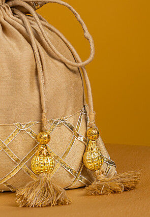 Embroidered Art Silk Potli Bag in Beige