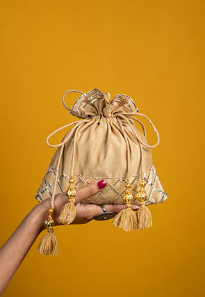 Embroidered Art Silk Potli Bag in Beige