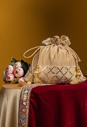 Embroidered Art Silk Potli Bag in Beige