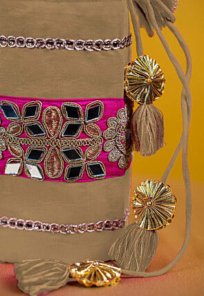 Embroidered Art Silk Potli Bag in Beige