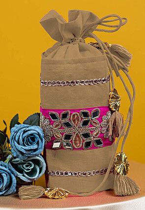 Embroidered Art Silk Potli Bag in Beige