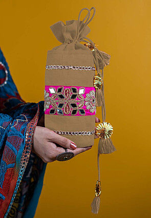 Embroidered Art Silk Potli Bag in Beige